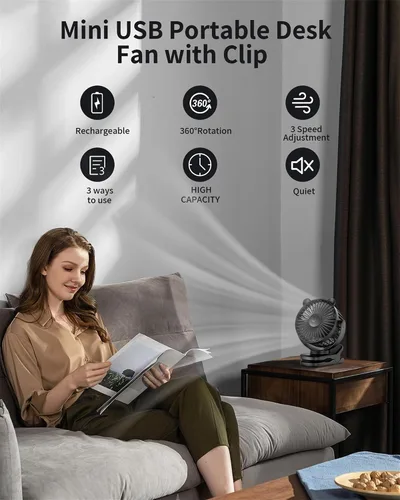 Miniatura 2 de GOTOTO Ventilador de clip, ventilador pequeño personal portátil recargable con batería de 2000 mAh, potente diseño de clip, 3 velocidades de viento