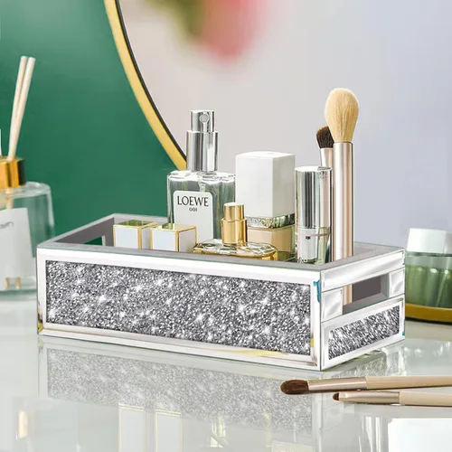 Miniatura 5 de Wocred Cesta de baño para inodoro, bandeja de baño con espejo de diamante triturado montado en la pared, organizador de almacenamiento plateado que