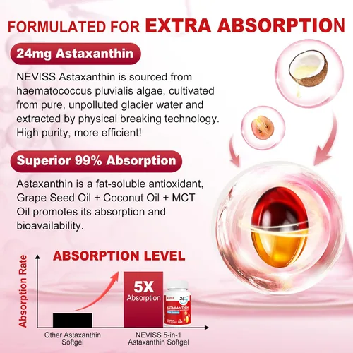 Miniatura 3 de Suplementos de astaxantina de 24 mg, suministro para 5 meses – Aceite de coco MCT, fuente de microalgas frescas con aceite de semilla de uva