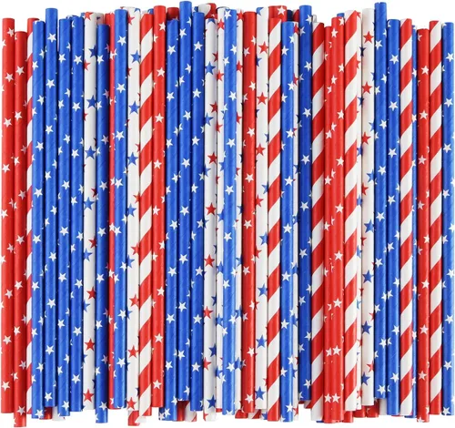 Miniatura 2 de ALINK Pajitas de papel con bandera estadounidense, rojo, azul y blanco, 100 pajitas biodegradables a rayas/estrellas para el Día de los Caídos, 4