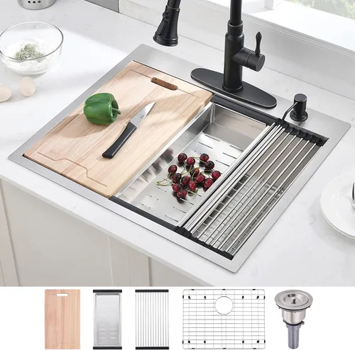 Miniatura 10 de Fregadero de cocina de 33 x 19 pulgadas, estación de trabajo de montaje superior, de acero inoxidable calibre 16, fregadero de cocina de un solo