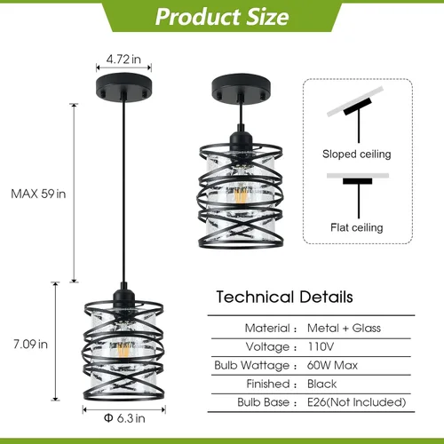 Miniatura 3 de Paquete de 1 lámpara colgante de 6.3 pulgadas en espiral negra para isla de cocina, luz moderna de metal soplado a mano, vidrio sembrado, luz Negro