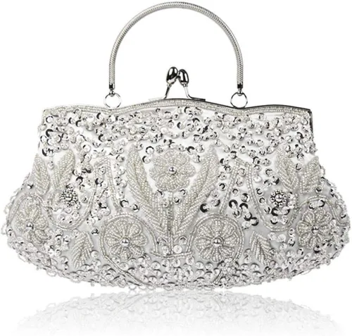 Miniatura 22 de Bolso de noche de diseñador floral con cuentas de lentejuelas diseño vintage besos cerradura satén embrague bolso bolso de mano de boda fiesta