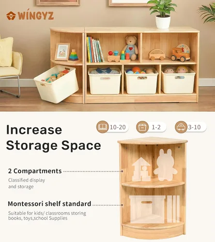 Miniatura 3 de WINGYZ Rubber Wood Corner Cabinet, 2-Tier Montessori Shelf, 2 Shelf Bookcase Toy Storage Organizer, Montessori Bookshelf for Kids Rooms, Classroom