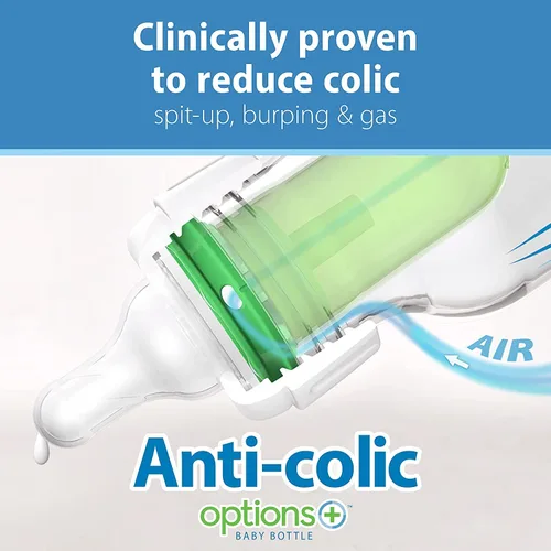 Miniatura 3 de Dr. Brown's Natural Flow® Anti-Colic Options+™ Biberón de cuello ancho, 5 oz/5.1 fl oz, pezón nivel 1, 1 paquete, 0.0 ft+ con paquete de 6 pezones