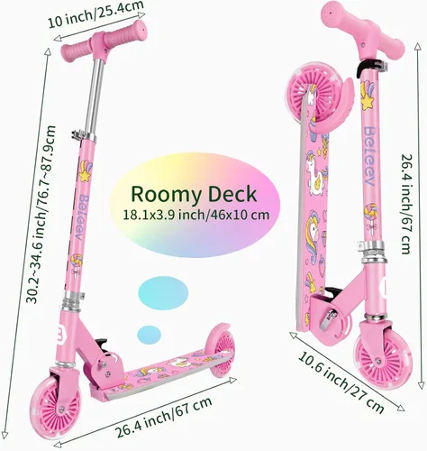 Miniatura 7 de BELEEV V2 - Scooter para niños con ruedas y tallo y plataforma iluminados, scooter plegable de 2 ruedas para niñas y niños, 3 alturas ajustables