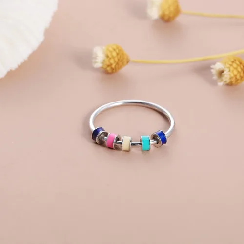 Miniatura 6 de LOVECOM Anillo giratorio de plata de ley 925 con cuentas esmaltadas coloridas para mujer, anillo giratorio antiansiedad, giratorio, apilable