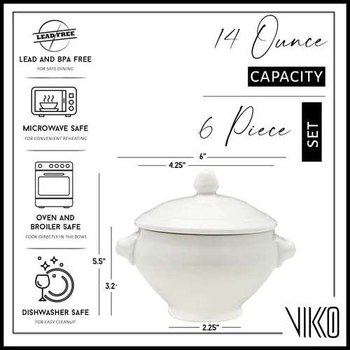 Vikko Tazón de sopa blanco de 14 onzas con tapa, juego de 6 platos de sopa, apto para lavavajillas, diseño resistente