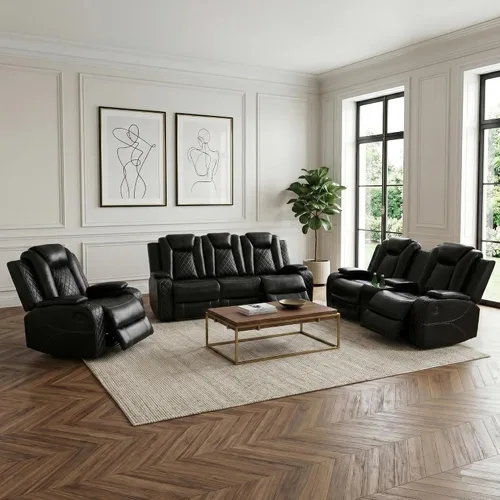 Miniatura 11 de Juego de sofá reclinable eléctrico, sofá reclinable de cuero de aire con LED/portavasos/almacenamiento, 2 muebles de sala de estar, sofá de cuero