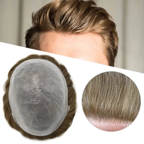 Miniatura 32 de Tupé para hombre, línea capilar natural, color gris, sistema de cabello humano real para hombres, postizo marrón con bucle en V para hombres, 8 x
