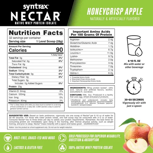 Miniatura 3 de Syntrax Nutrition Nectar, polvo aislado de proteína de suero 100%, sabor refrescante a frutas, manzana Honeycrisp 2 libras