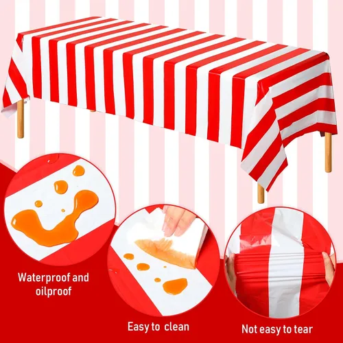 Miniatura 4 de Batiyeer 6 manteles de fiesta de carnaval, mantel a rayas rojas y blancas, mantel rectangular de plástico impermeable para decoración de fiestas
