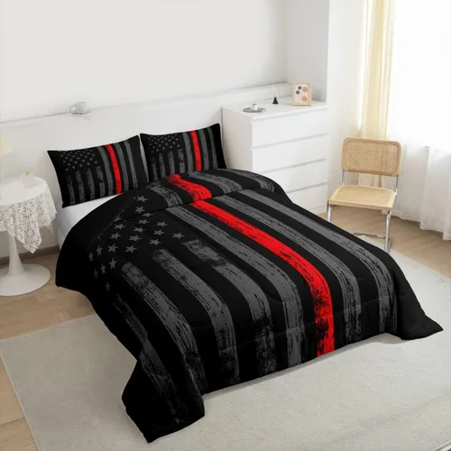 Miniatura 3 de Erosebridal - Juego de edredón con bandera americana tamaño king, juego de ropa de cama negro gris rojo con líneas de bandera, ropa de cama