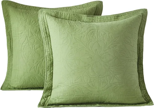 Miniatura 70 de WINLIFE Juego de 2 fundas de almohada acolchadas 100% algodón, estampado floral, tamaño King, color verde