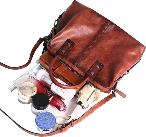 Miniatura 7 de Iswee - Bolso de hombro de cuero genuino, bolso tote con diseño de morral, con asa superior, bolso de gran capacidad, bolso cruzado