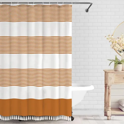 Miniatura 10 de bufftieo Cortina de regadera gris y blanca para baño con borlas estilo rústico moderno, cortinas de tela a rayas boho, juego de cortinas de regadera