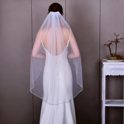 Miniatura 4 de HONGMEI Velo de novia para novias hecho a mano con borde de cuentas de cristal 1 nivel velo de novia con peine