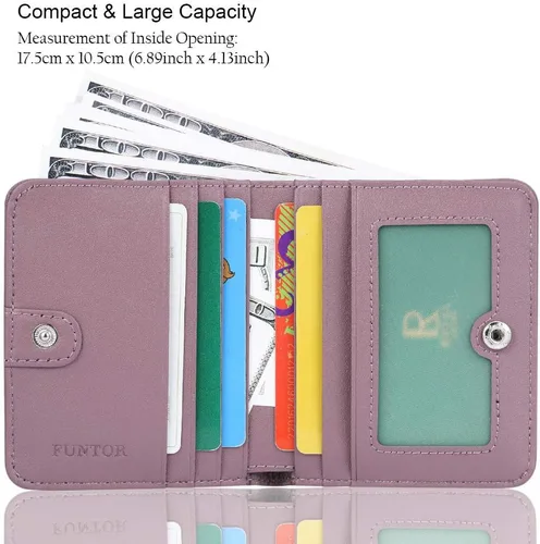 Miniatura 2 de Funtor Cartera de cuero para mujer, pequeña y compacta, con bolsillo doble, bloqueo RFID, para mujer