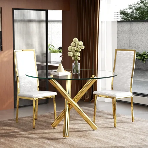 Miniatura 35 de Moderno juego de mesa redonda de cristal para 2, juego de mesa de cocina de círculo pequeño de 36 pulgadas con 2 sillas de comedor de piel sintética