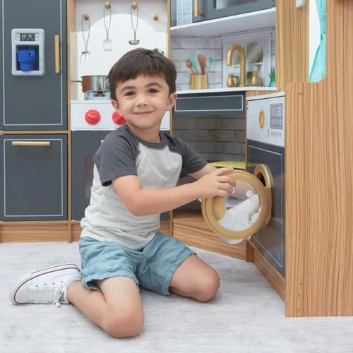 Miniatura 3 de KidKraft Cocina de juego de madera con luces y sonidos, teléfono y cortinas, natural, regalo para mayores de 3 años