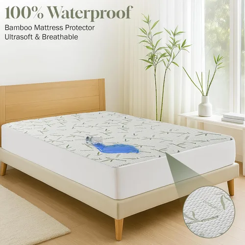 Miniatura 6 de Hannah Linen Protector de colchón de bambú, 100% impermeable, funda de colchón individual – Funda de colchón de bolsillo profundo ajustable de hasta