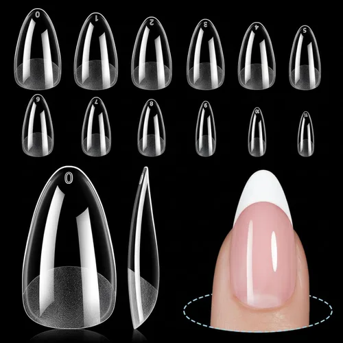 Miniatura 9 de TOMICCA Puntas de uñas de almendra extra cortas, 192 unidades, 12 tamaños, puntas de uñas cortas de cobertura completa, uñas acrílicas transparentes