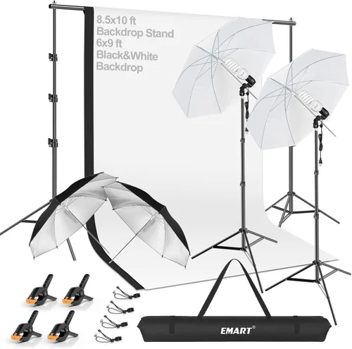 EMART Kit de telón de fondo de fotografía de 8.5 x 10 pies con paraguas de luz diurna de 400 W 5500 K, juego de iluminación continua, fondos blancos
