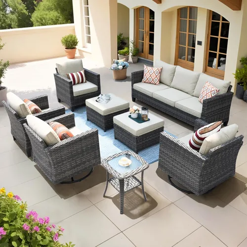 ovios Juego de muebles de patio de 8 piezas, sofá de mimbre para exteriores con sillas giratorias, mecedora con cojines cómodos, juego de Beige