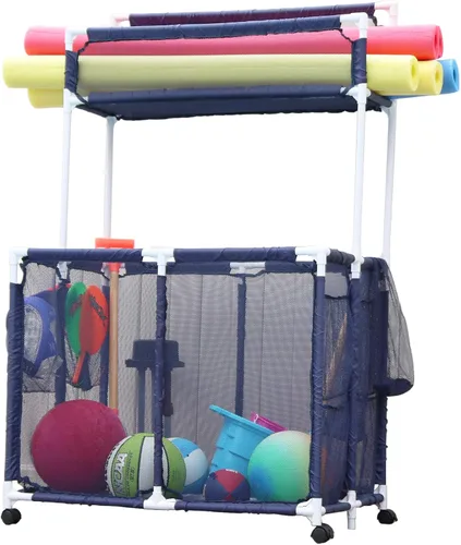 Miniatura 7 de Soporte para Fideos de Piscina, Juguetes, Flotadores, Pelotas, Contenedor Organizador de Almacenamiento de Malla Rodante de Doble Nivel, Grande