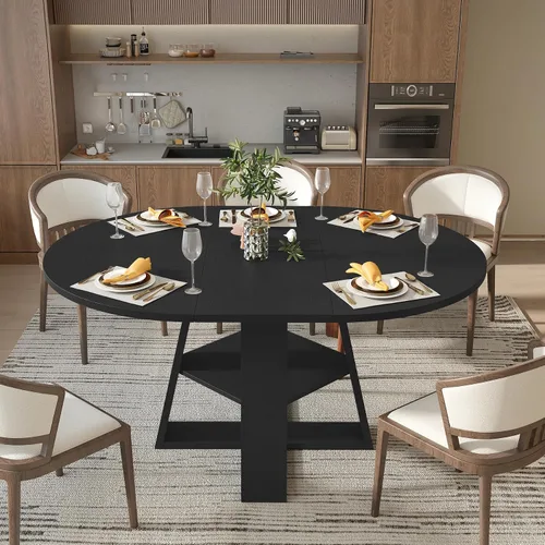 Miniatura 6 de Aivermel Mesa de comedor ovalada extensible de 43.3 a 59 pulgadas para 4-6, mesa de comedor redonda de madera de ingeniería con almacenamiento