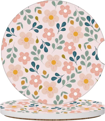 Miniatura 11 de Posavasos de automóvil con diseño de arcoíris y flores beige para portavasos de automóvil, paquete de 2 posavasos para mujeres y hombres, 2.56
