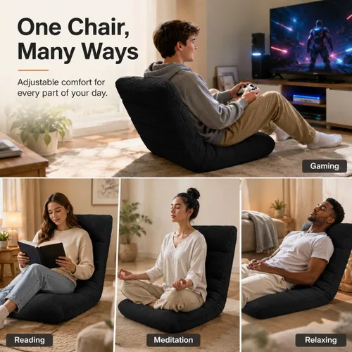 Miniatura 6 de Adjustable Floor Chair with Memory Foam, Folding Gaming Chair with Back Support, Padded Sleeper Bed Couch Recliner, Self-Supporting Floor Lounger