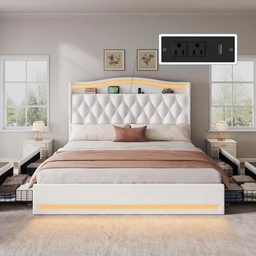 Miniatura 7 de YITAHOME Base de cama tamaño King con 4 cajones de almacenamiento y luces LED RGB, cama tapizada de terciopelo de 57 pulgadas de alto con estación