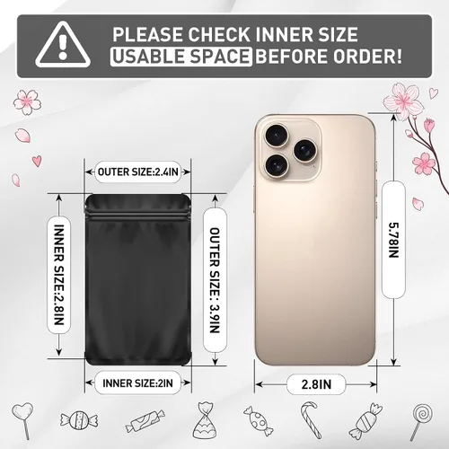 Miniatura 3 de FUNFERY 100 paquete de bolsas de embalaje de Mylar negras, bolsas resellables de doble cara, bolsas de cierre hermético a prueba de olores, bolsas