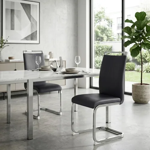 Miniatura 3 de gopop Juego de sillas de comedor, sillas modernas de metal con asiento acolchado de piel sintética, respaldo alto y patas cromadas resistentes, Negro