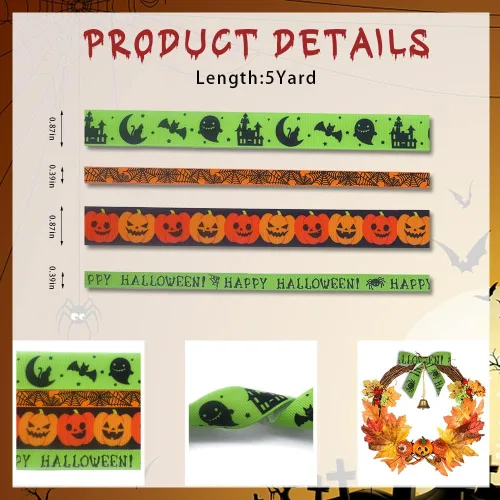 Miniatura 2 de 4 cintas de Halloween de 20 yardas, cintas de grogrén de Halloween, cintas de calabaza de Thansgiving, cintas de telaraña, naranja, verde, negro