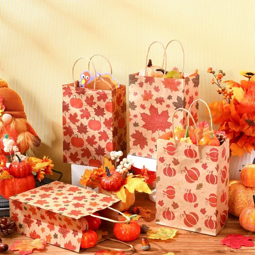 Miniatura 4 de Yeaqee 48 bolsas de regalo de Acción de Gracias, hojas de arce a granel, bolsas de regalo de papel kraft con asa, recuerdos de fiesta de otoño