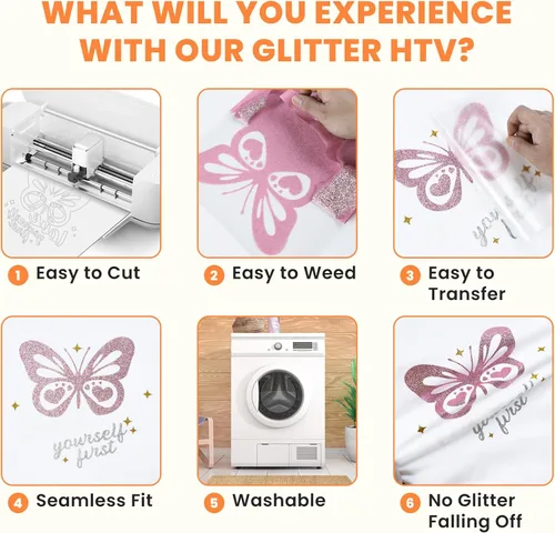Miniatura 4 de HTVRONT Paquete de 8 vinilos HTV con purpurina, paquete de 8 vinilos de transferencia de calor con purpurina de 10 pulgadas x 3 pies para camisetas