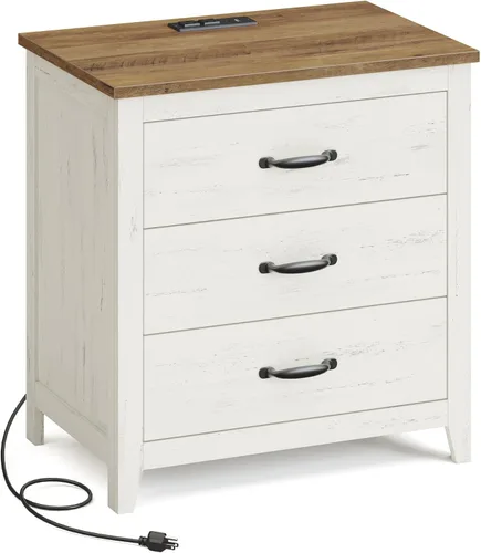 VASAGLE Colección LIRY - Mesita de noche de estilo granja con estación de carga, mesita de noche, mesa auxiliar con 3 cajones, para dormitorio,