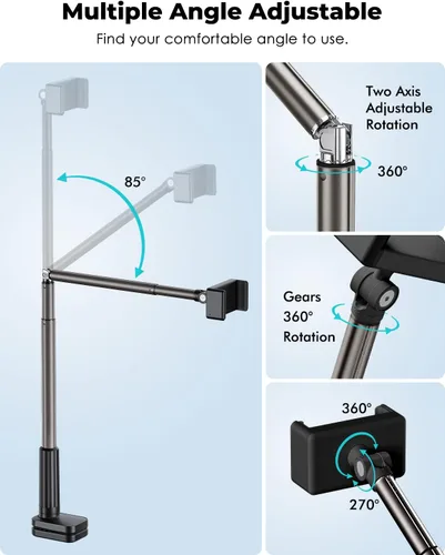 Miniatura 3 de Viozon Soporte para teléfono, brazo largo flexible, montaje superior, ángulo ajustable de 360°, aleación de aluminio, abrazadera C para cabecero