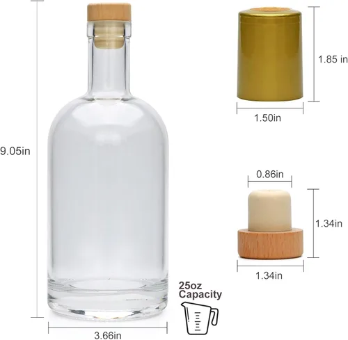 Miniatura 2 de Botella de vidrio de 25 onzas con corcho en T, botellas de licor, botella de vino de fondo pesado para vodka, jugo, leche, whisky, agua, regalo