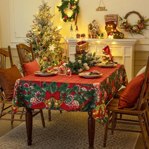 Miniatura 4 de Softalker Mantel rectangular navideño - Rojo tartán a cuadros impreso con campanas de Navidad y caramelos, manteles de poliéster lavables de tela
