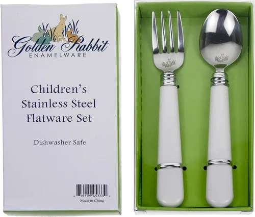 Golden Rabbit Juego de cubiertos esmaltados para regalo, tenedor y cuchara, color blanco sólido texturizado