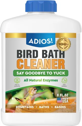 ADIOS! Limpiador de baño para pájaros para fuentes y cuencos al aire libre, limpia de forma segura metal, vidrio y piedra (8 onzas)
