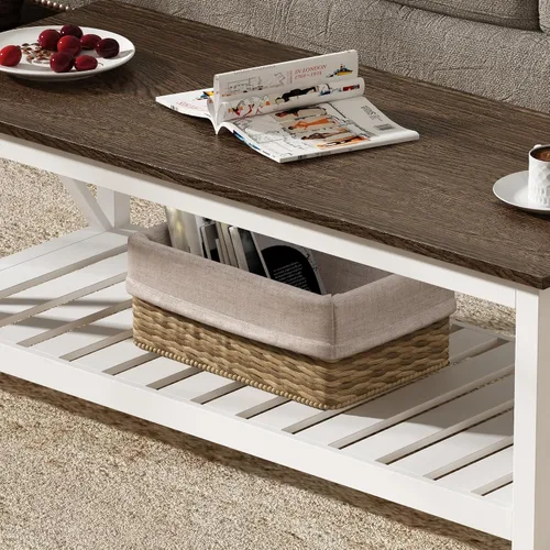 Miniatura 5 de Mesa de café ChooChoo Farmhouse, Mesa rústica vintage para sala de estar con estante, 47 blanco