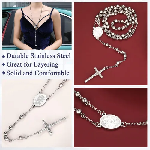 Miniatura 5 de FaithHeart Christian Rosary Bead Cross Necklace for Women Men, Stainless Steel Praying Rosary Y Necklace Jewelry, Gift Box