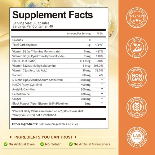 Miniatura 5 de R Ácido Alfa Lipoico 1000 mg con Benfotiamina – Suplemento de ALA de Sodio para Apoyo de Neuropatía, Salud Nerviosa y Antioxidante, Energía Celular