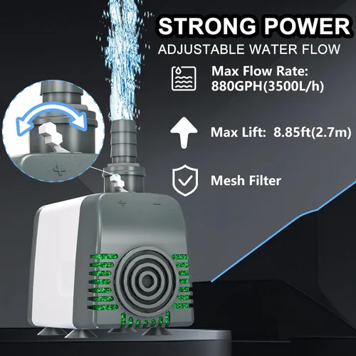 Miniatura 2 de Bomba de agua sumergible de alta eficiencia de 550 GPH, diseño silencioso para fuentes, estanques, acuarios, hidroponía y uso