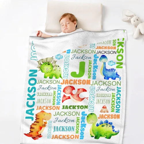 Miniatura 4 de Manta de dinosaurio personalizada con nombre, manta de bebé personalizada para niñas y niños, regalo para bebés, recién nacidos, niños, manta