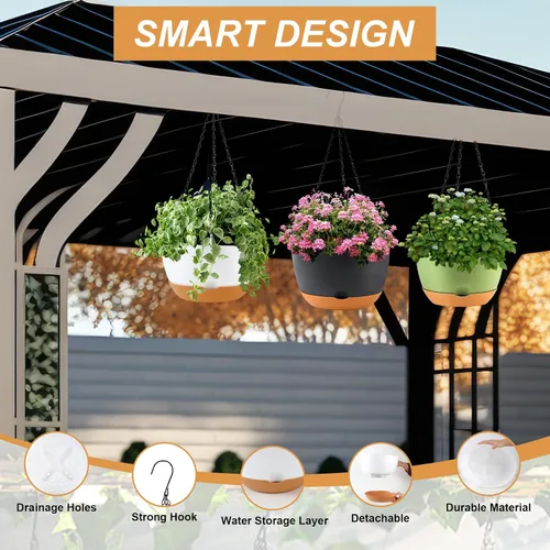 Miniatura 5 de KPUVX Maceta Colgante de 10 Pulgadas, Macetas de Riego Automático para Plantas de Interior, Paquete de 3 Cestas Colgantes de Plástico con Bandeja